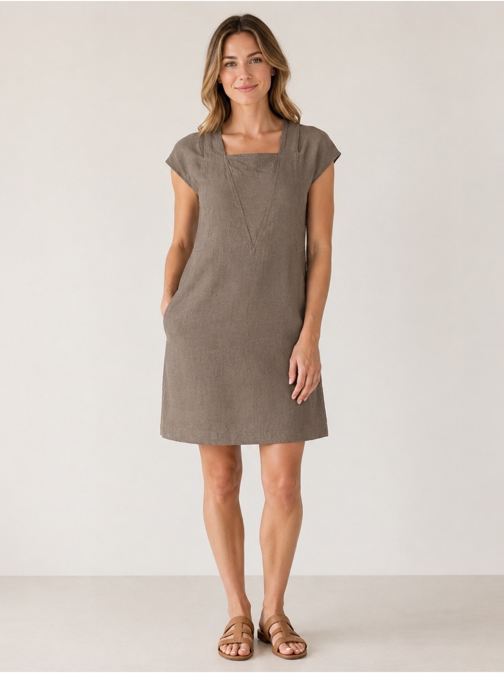 Soft Surroundings Petite Small Linen Shift Dress Taupe Brown Pockets EUC
